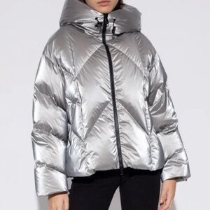 Moncler Silver Metallic Puffer Jacket with Hood